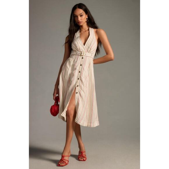 Anthropologie Maeve Womens Belted V Neck Button Front Midi Dress 14 Beige Stripe - Picture 1 of 15
